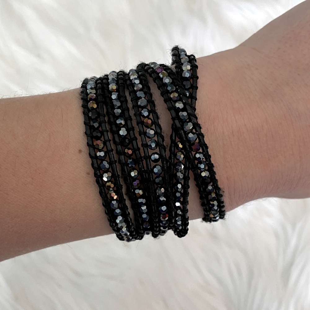 Victoria Emerson Black Beaded Leather Wrap Bracelet
